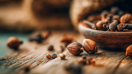 A bowl full of dried cloves on a wooden surface. Cooking or aromatherapy.