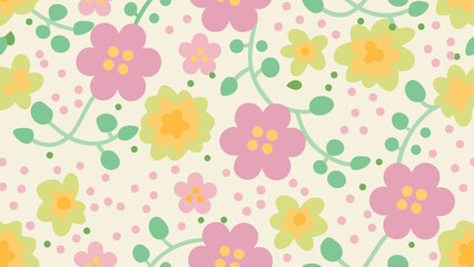 Fototapeta premium Pastel floral pattern featuring pink and yellow flowers with green vines and scattered pink polka dots design