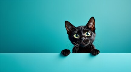 Adorable black cat peeking over a turquoise surface with copy space