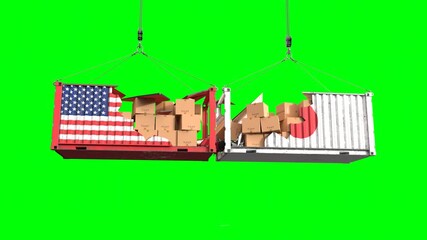 Trade conflict concept with American and Japan cargo containers crash on green background - Powered by Adobe