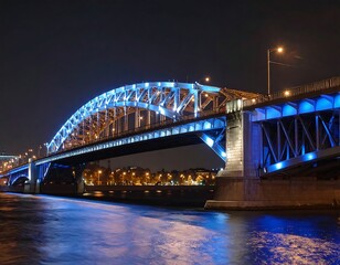 Obraz premium Night view of a steel arch bridge illuminated in blue, spanning a river with city lights in the background