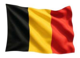 Waving flag of Belgium featuring vertical stripes of black, yellow, and red on transparent background.