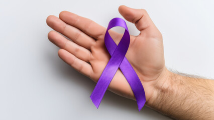 Hand with purple ribbon for Alzheimer's, created with AI