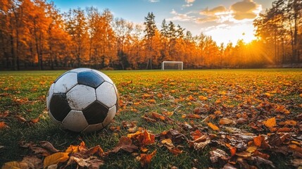 Soccer ball on autumn field at sunset
