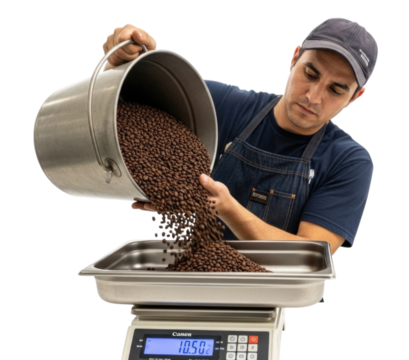 Man pouring roasted coffee beans into a scale for precise measurement cutout isolated on transparent bg, png - Powered by Adobe