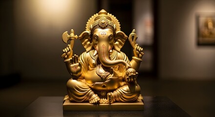 Obraz premium Radiant Golden Ganesha Statue: Hindu Deity of Wisdom, Prosperity, and New Beginnings, under soft illumination.
