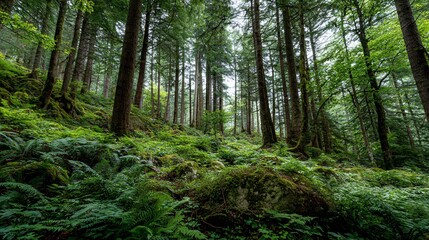 Obraz premium Dense forest scene, with towering trees and lush greenery covering a slope