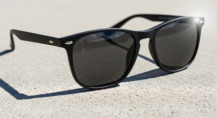 Classic Black Sunglasses with Dark Lenses Resting on a Textured Concrete Surface in Bright Sunlight