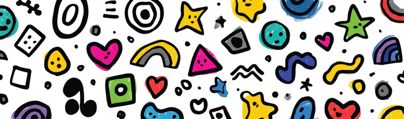 Colorful Hand Drawn Doodle Pattern with Hearts Stars and Geometric Shapes on White Background for Creative Designs