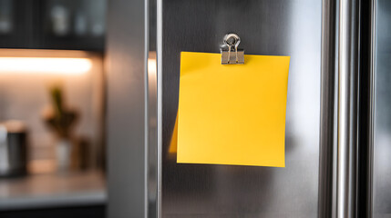 Yellow sticky note attached to a metallic fridge with a magnet. Background shows kitchen appliance blurred. Minimalist home note reminder.