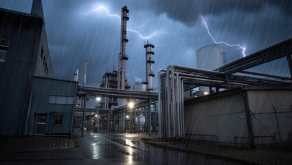 Obraz premium Stormy Industrial Scene with Lightning and Rain
