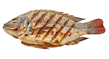 Grilled tilapia fish with charred markings cutout isolated on transparent bg, png