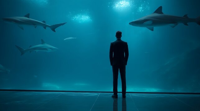Man Looking at Sharks in Aquarium with Blue Light