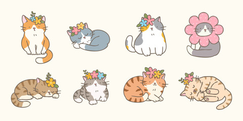 Vector Illustration of Cute Cartoon Cat Characters on Isolated Background. Hand Drawn Vector Illustration.