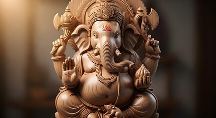 Obraz premium Exquisite Wooden Ganesha Sculpture: Traditional Hindu Deity Art and Spiritual Home Decor