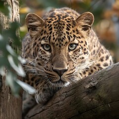 Fototapeta premium Leopard Staring Straight: A captivating portrait of a majestic leopard, its piercing gaze fixed directly at the viewer, resting on a branch, showcasing the raw beauty of nature.