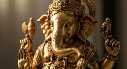 Obraz premium Ornate Golden Ganesha Statue, a Majestic Hindu Deity Sculpture Representing Wisdom and Prosperity