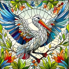 황새, 스테인드 글라스 기법 일러스트, jpeg (Stork, Stained Glass Techniques Design Illustration, jpeg)