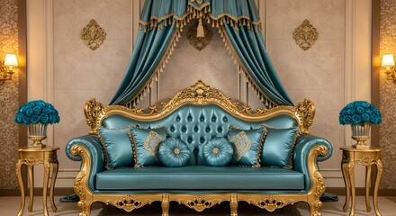 Fototapeta premium Luxury Blue and Gold Sofa Interior Design Photo