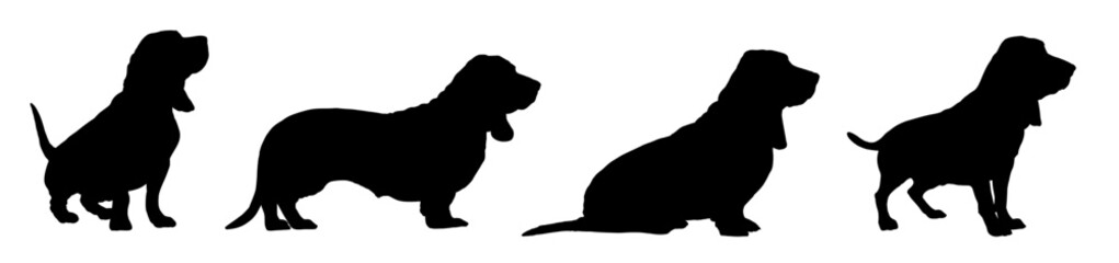 Basset hound silhouettes set in various poses, side view vector illustration
