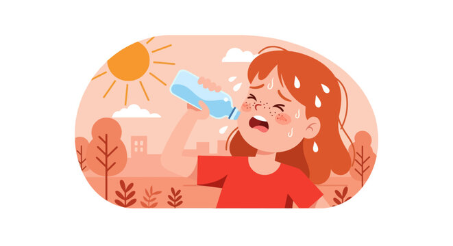 Hot Weather Vector Illustration &ndash; Flat Design Cartoon of Sweating Girl Drinking Water Under the Sun