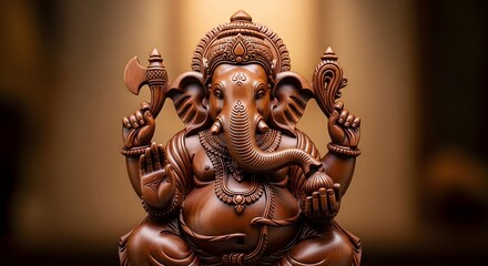 Obraz premium Intricate Wooden Ganesha Statue in Warm Golden Light