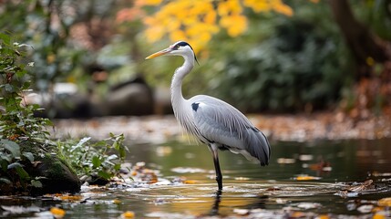 Naklejka premium Heron wading in a calm river surrounded by lush greenery during a sunny afternoon