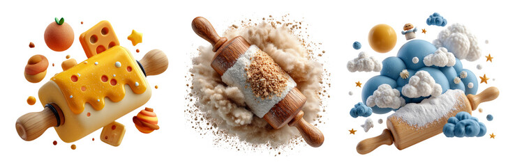 Colorful Rolling Pins with Food Elements on Transparent Background