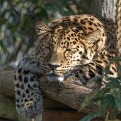 Obraz premium Leopard Resting on a Branch: A majestic leopard, its patterned coat a masterpiece of nature, reclines peacefully on a sturdy branch, bathed in the soft light of the sun.
