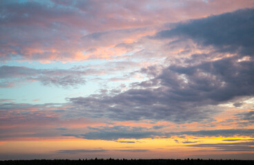 A breathtaking romantic sunset sky with vibrant orange and pink hues, contrasted by dark clouds. The scene is framed by silhouette of trees at the horizon, creating a serene and picturesque landscape