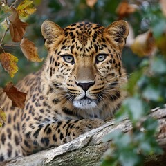 Fototapeta premium Amur Leopard in its Habitat: This Amur leopard captivates with piercing eyes, its spotted coat blending harmoniously amidst the natural foliage, epitomizing the raw beauty of wildlife.