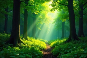 Lush green forest scene, sunlight dappling through dense canopy, vibrant foliage, tranquil atmosphere, untouched nature , branches, ferns, light