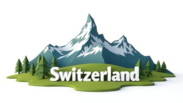 3D illustration of the famous Matterhorn, showcasing its towering snow-capped peak and the beautiful alpine landscape with rolling meadows beneath. The word 'Switzerland' in 3D letters below. 2