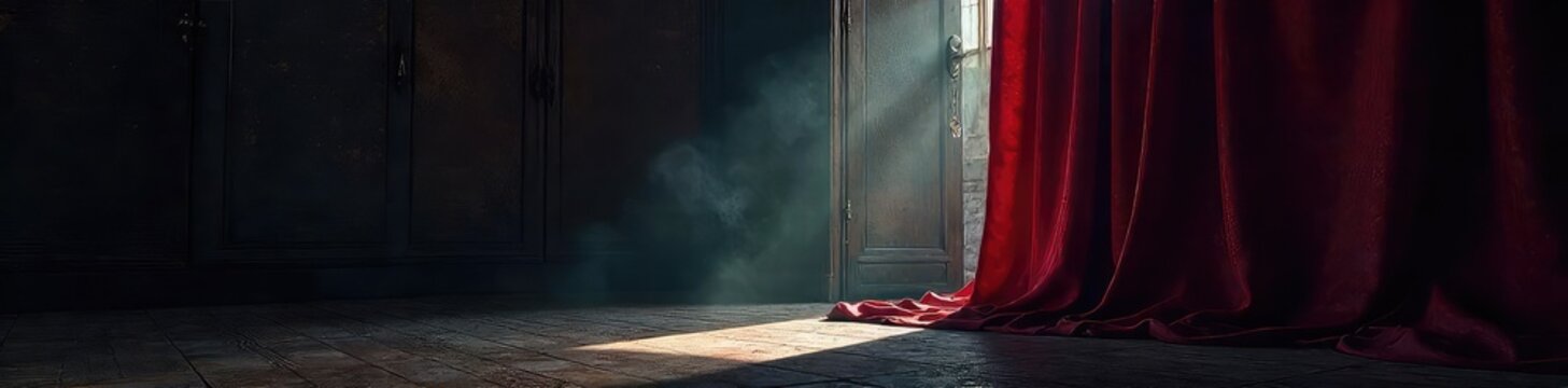 Mysterious interior hidden behind a concealing curtain, shrouded in shadow and intrigue The unseen space hints at secrets and untold stories within , enigma, unseen