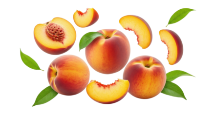 Fresh peaches sliced and whole with green leaves cutout isolated on transparent bg, png