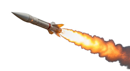 Rocket launching with flames and smoke trailing behind, cutout isolated on transparent bg, png