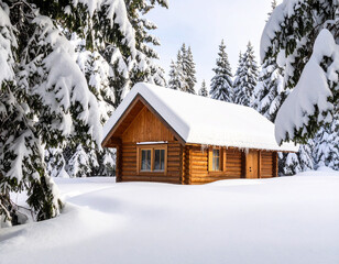Small Wooden Cabin Buried in Deep Snow