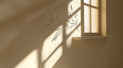 Sunlight casts shadows of delicate plant silhouettes on a beige wall.