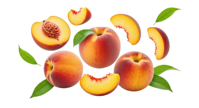 Fresh peaches sliced and whole with green leaves cutout isolated on transparent bg, png