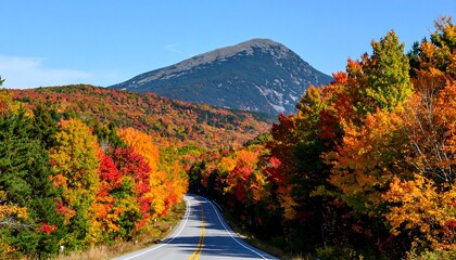 Autumnal mountain road trip amid vibrant foliage under a clear blue sky scenic