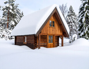 Small Wooden Cabin Buried in Deep Snow