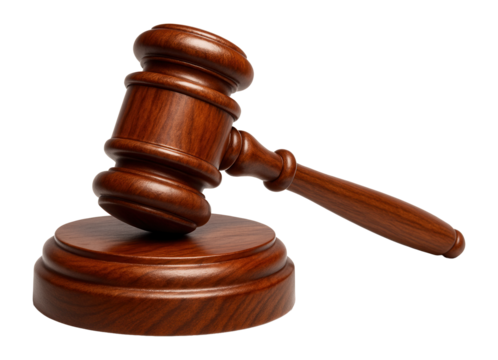 Wooden judge gavel resting on a sound block symbolizing law and justice on transparent background. - Powered by Adobe