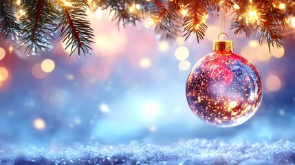Beautiful Christmas ornament hanging on a pine tree branch with twinkling lights during the holiday season
