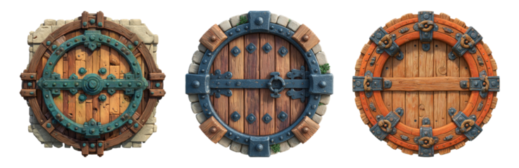 Variety of Wooden Shields with Unique Designs on Transparent Background