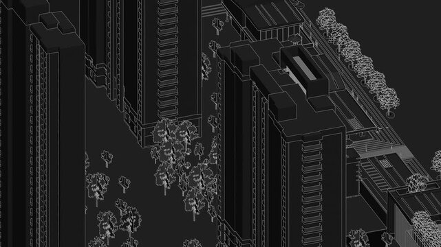 Animation of a Generic Apartment Complex, Seamless Looped linework Animation, black