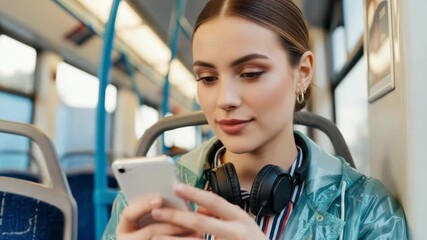 A young woman smiles as she uses her smartphone while listening to music on headphones during a public transport journey - Powered by Adobe