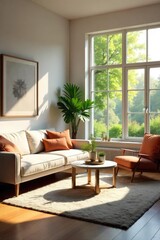 Sunlight streams into a bright, airy living room, illuminating comfortable furniture and stylish decor Large windows offer a view of lush greenery outside , landscape, design