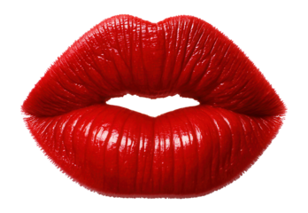 Close-up of glossy red lips with a defined shape and shiny finish, on transparent background.