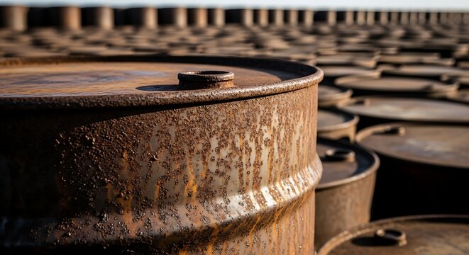 Close-up of a Rusty Oil Barrel with Rows of Drums in the Background
