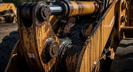 Close-up of Heavy Machinery Hydraulic System with Grease and Dirt